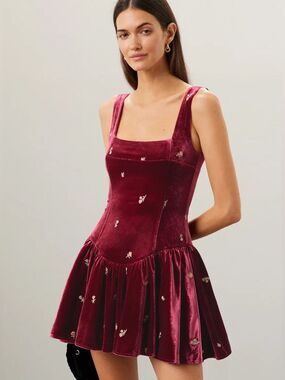 WeWoreWhat Embroidered Corset Peplum Burgundy Velvet Mini Dress Size 0 NWT
